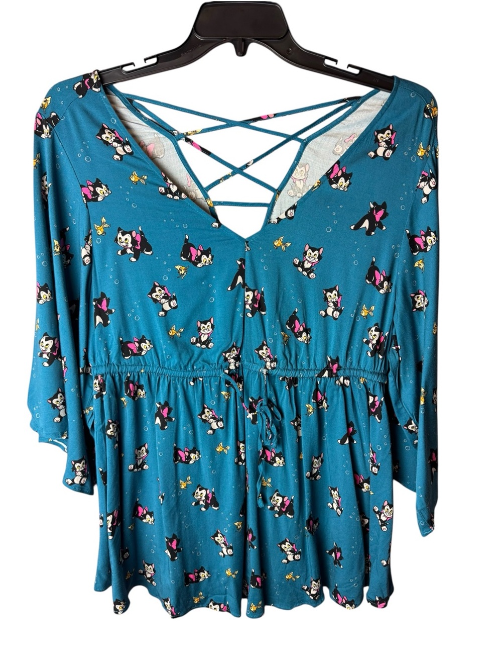 Disney Figaro Cat Goldfish Torrid 2X Teal Babydoll Peplum Lace Up Back